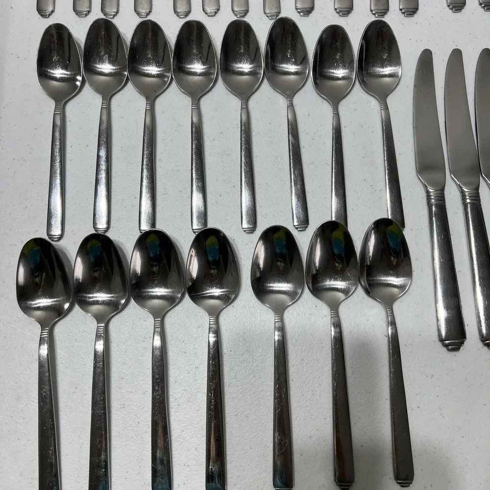 Solid Stainless Steel Ribbed LOT Of 36 Pieces Forks Spoons Knives -Unmarked
